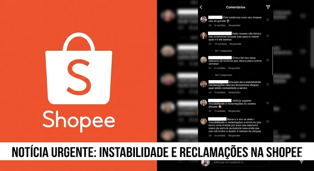 Uma montagem com o Logo da Shopee de um lado e um dos prints dos comentários do outro